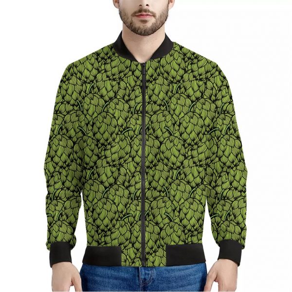 Green Hop Cone Pattern Print Bomber Jacket