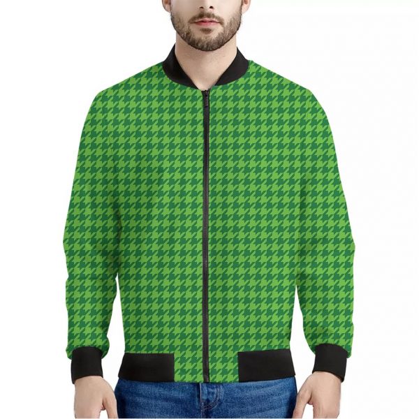 Green Houndstooth Pattern Print Bomber Jacket