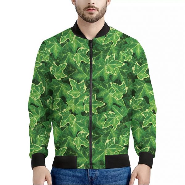 Green Ivy Leaf Pattern Print Bomber Jacket