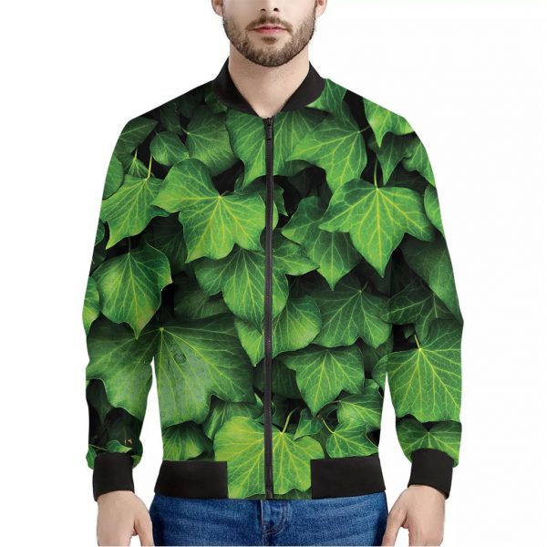 Green Ivy Leaf Print Bomber Jacket