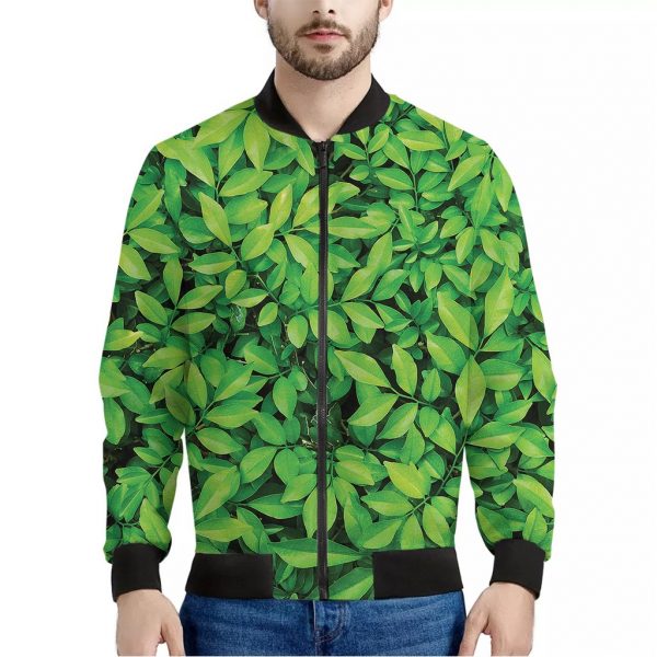 Green Leaf Print Bomber Jacket
