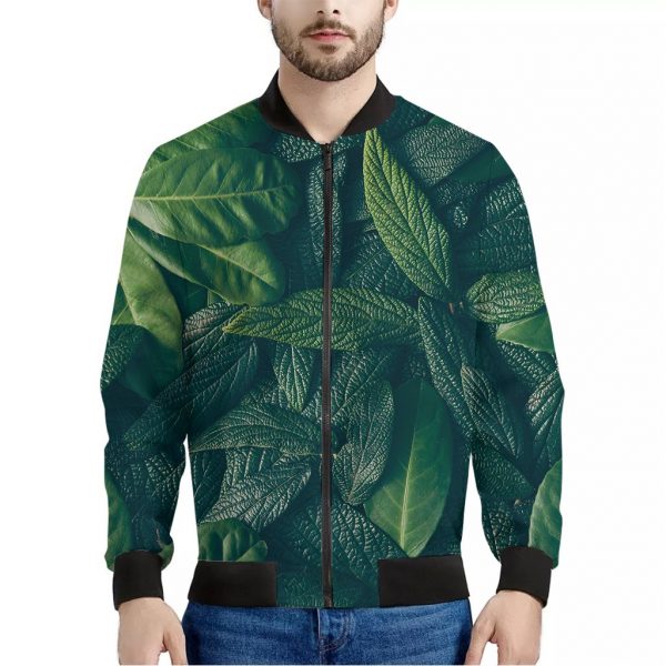 Green Leaves Print Bomber Jacket