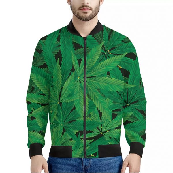 Green Marijuana Leaf Print Bomber Jacket