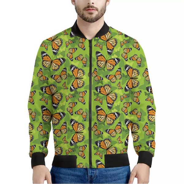 Green Monarch Butterfly Pattern Print Bomber Jacket