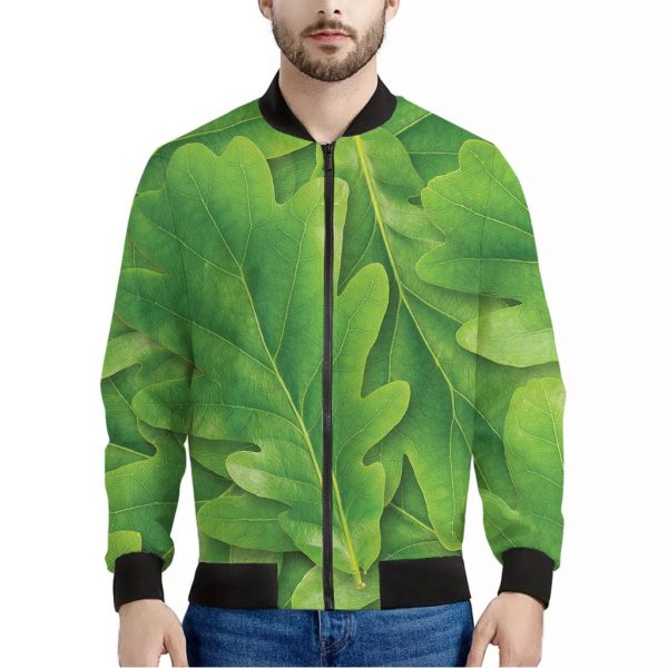 Green Oak Leaf Print Bomber Jacket