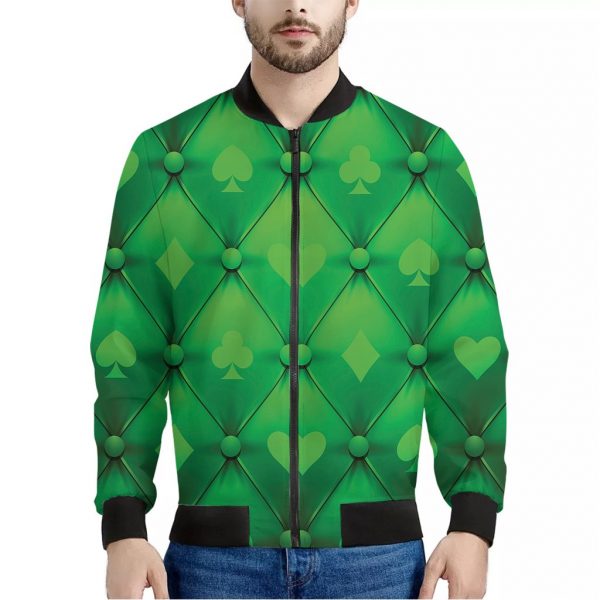 Green Playing Card Suits Pattern Print Bomber Jacket