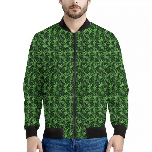 Green Pot Leaf Pattern Print Bomber Jacket