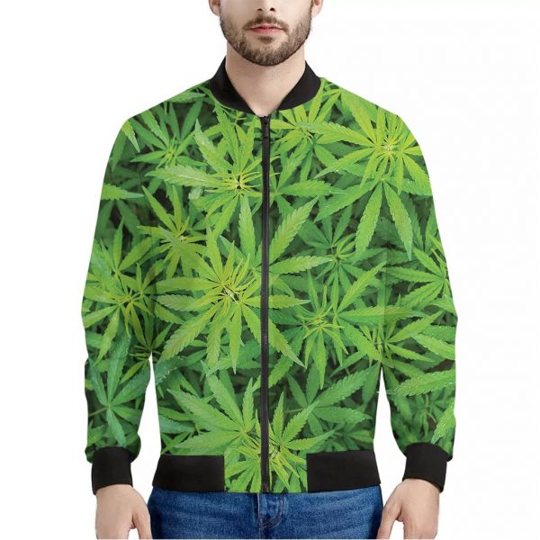 Green Pot Leaf Print Bomber Jacket