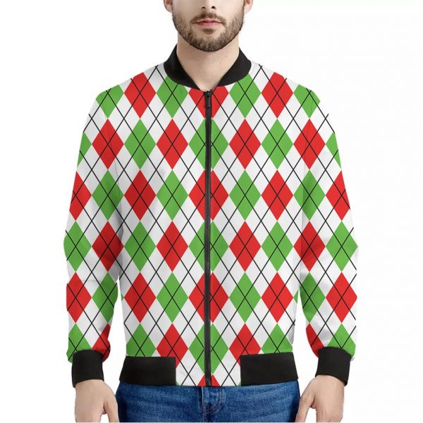Green Red And White Argyle Pattern Print Bomber Jacket