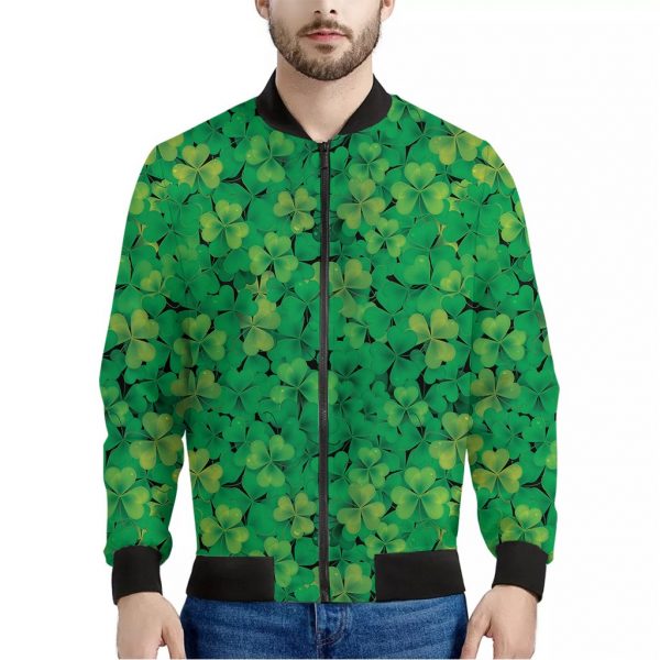 Green Shamrock Leaf Pattern Print Bomber Jacket