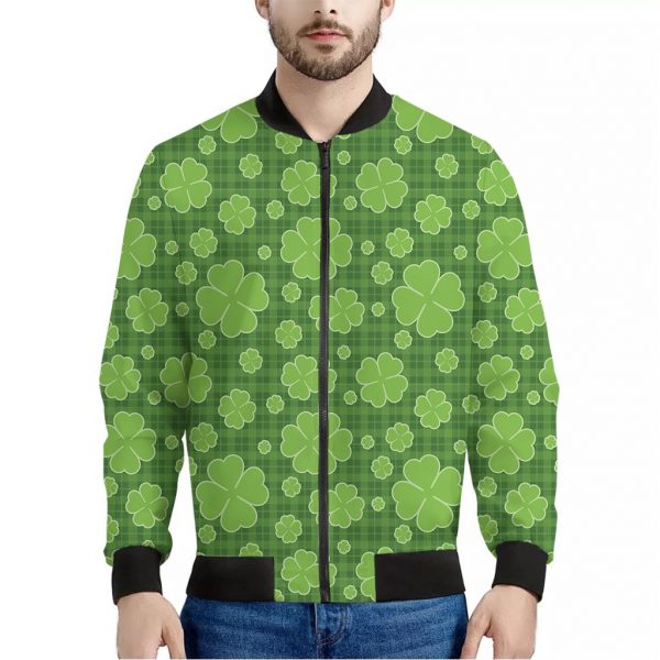 Green Shamrock Plaid Pattern Print Bomber Jacket