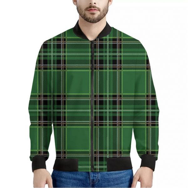 Green Stewart Tartan Pattern Print Bomber Jacket