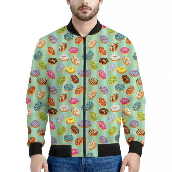 Green Striped Donut Pattern Print Bomber Jacket