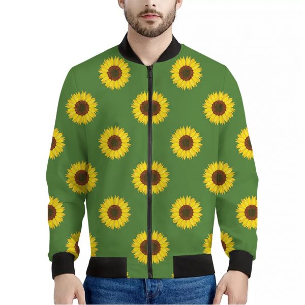 Green Sunflower Pattern Print Bomber Jacket