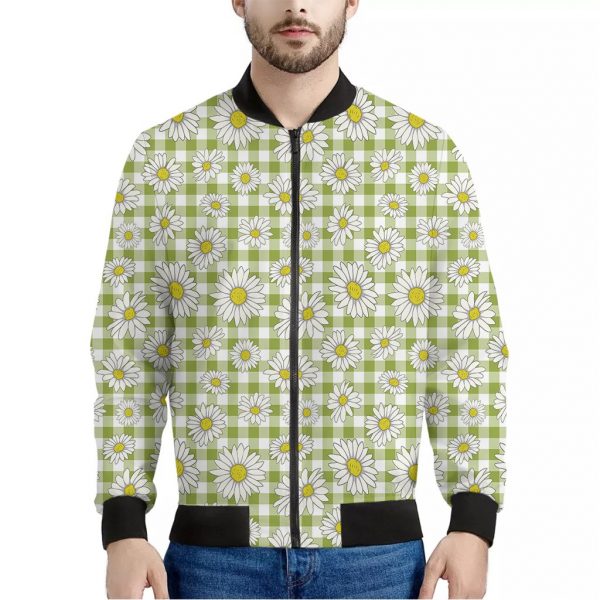 Green Tartan Daisy Pattern Print Bomber Jacket