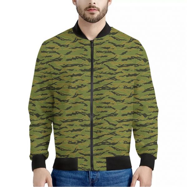 Green Tiger Stripe Camo Pattern Print Bomber Jacket