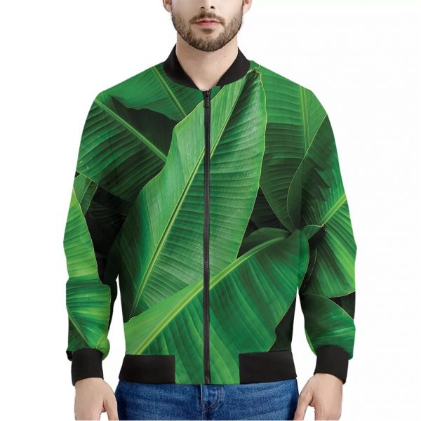Green Tropical Banana Palm Leaf Print Bomber Jacket