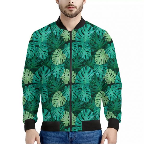 Green Tropical Monstera Pattern Print Bomber Jacket