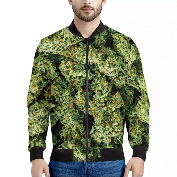 Green Weed Print Bomber Jacket