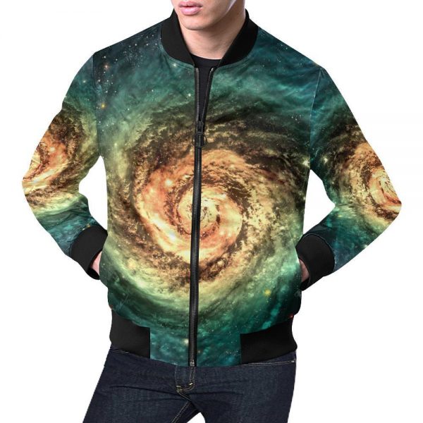 Green Yellow Spiral Galaxy Space Print Bomber Jacket