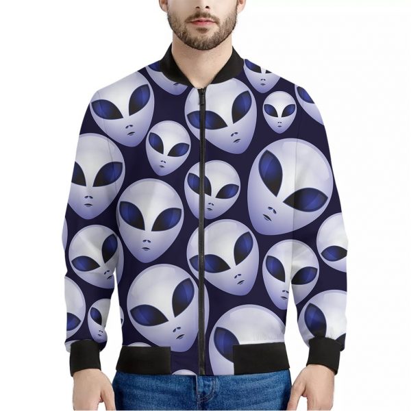 Grey Alien Face Pattern Print Bomber Jacket