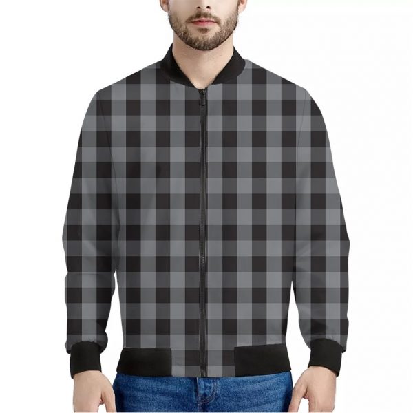 Grey And Black Check Pattern Print Bomber Jacket