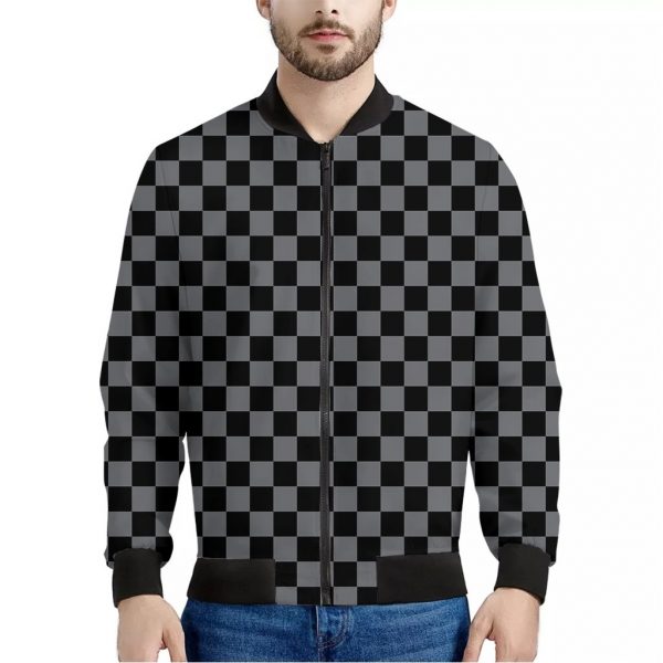 Grey And Black Checkered Pattern Print Bomber Jacket