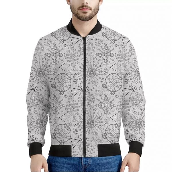 Grey And Black Mystical Wiccan Print Bomber Jacket