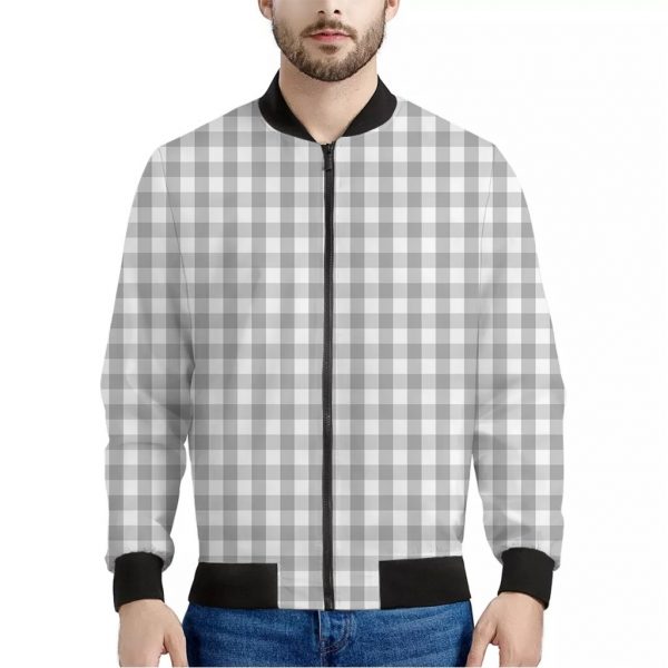 Grey And White Check Pattern Print Bomber Jacket