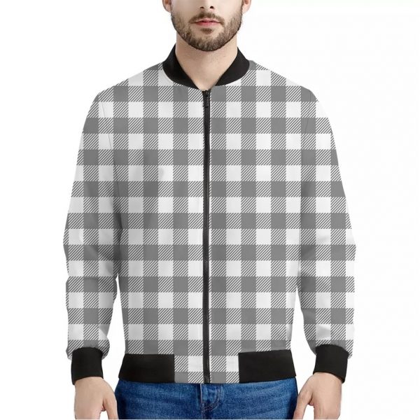 Grey And White Gingham Pattern Print Bomber Jacket