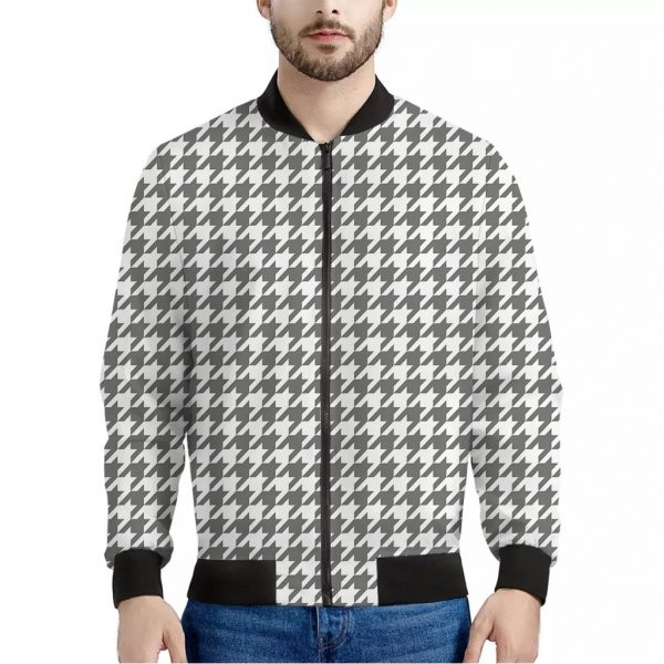Grey And White Houndstooth Pattern Print Bomber Jacket