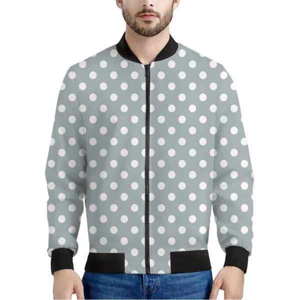 Grey And White Polka Dot Pattern Print Bomber Jacket