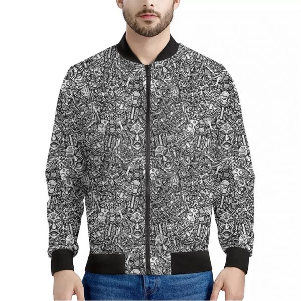Grey And White Totem Pattern Print Bomber Jacket