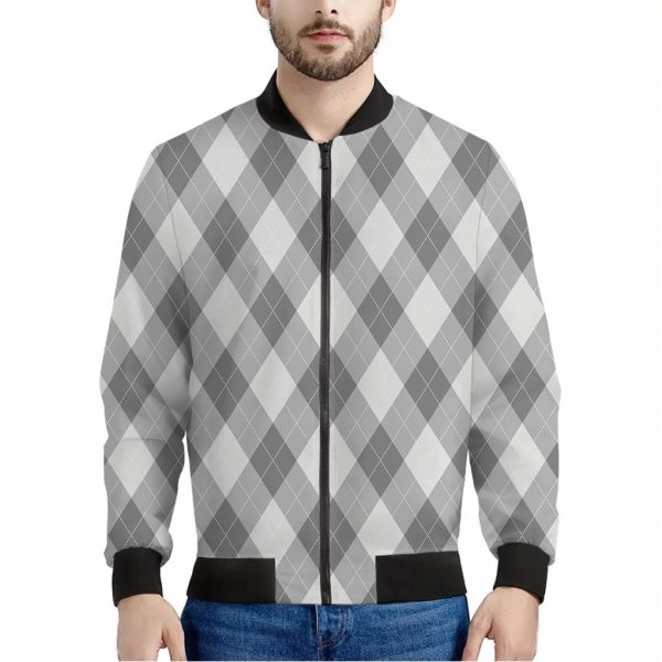 Grey Argyle Pattern Print Bomber Jacket
