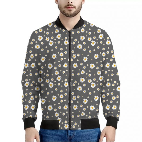 Grey Daisy Floral Pattern Print Bomber Jacket