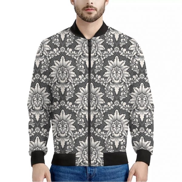 Grey Damask Pattern Print Bomber Jacket