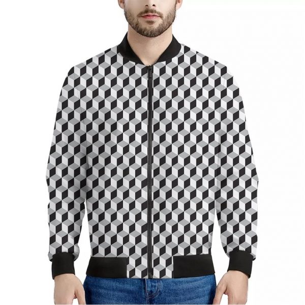 Grey Geometric Cube Shape Pattern Print Bomber Jacket