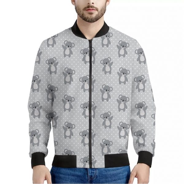 Grey Koala Pattern Print Bomber Jacket