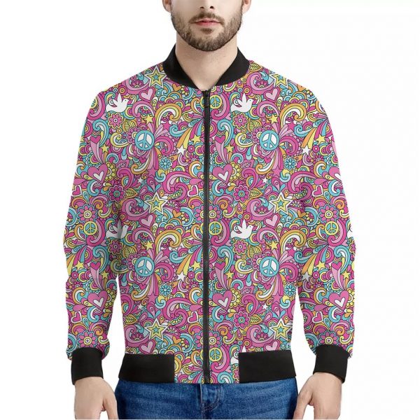 Groovy Girly Peace Pattern Print Bomber Jacket