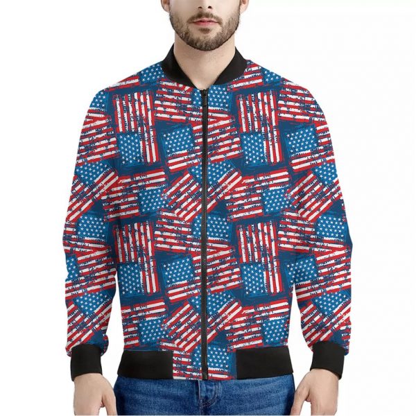 Grunge American Flag Pattern Print Bomber Jacket