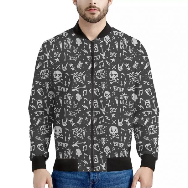 Grunge Rock And Roll Pattern Print Bomber Jacket