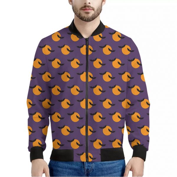 Halloween Bat And Moon Pattern Print Bomber Jacket