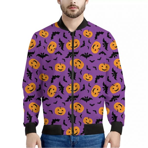 Halloween Bat And Pumpkin Pattern Print Bomber Jacket