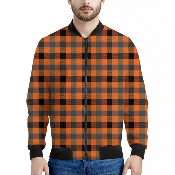 Halloween Orange Buffalo Check Print Bomber Jacket
