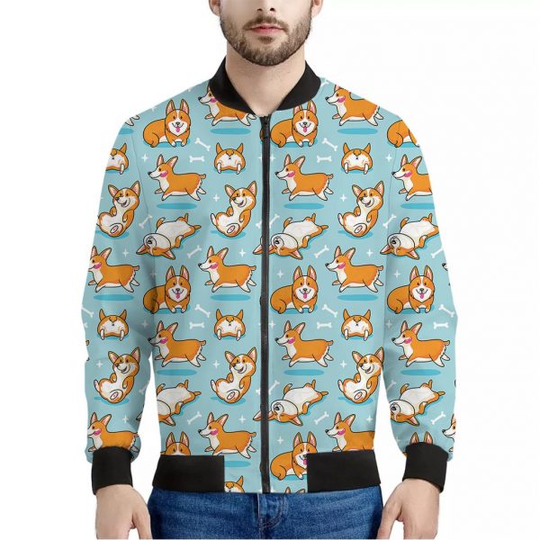 Happy Corgi Pattern Print Bomber Jacket