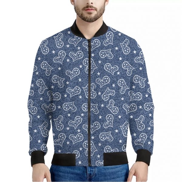 Heart And Star Denim Jeans Pattern Print Bomber Jacket