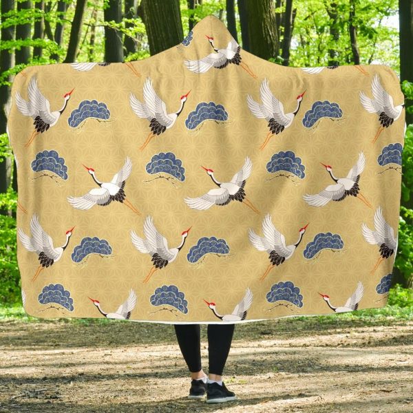 Heron Japanese Pattern Print Hooded Blanket Cloak Blanket