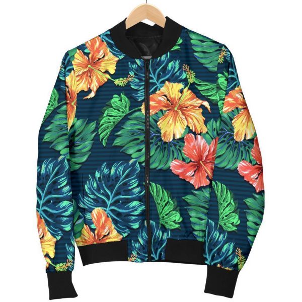 Hibiscus Monstera Hawaii Pattern Print Bomber Jacket