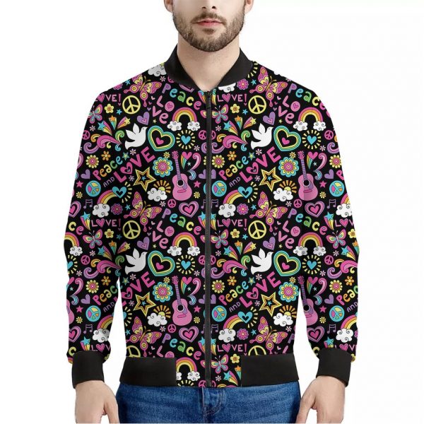 Hippie Peace Sign And Love Pattern Print Bomber Jacket