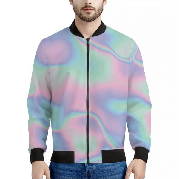 Holographic Waves Print Bomber Jacket